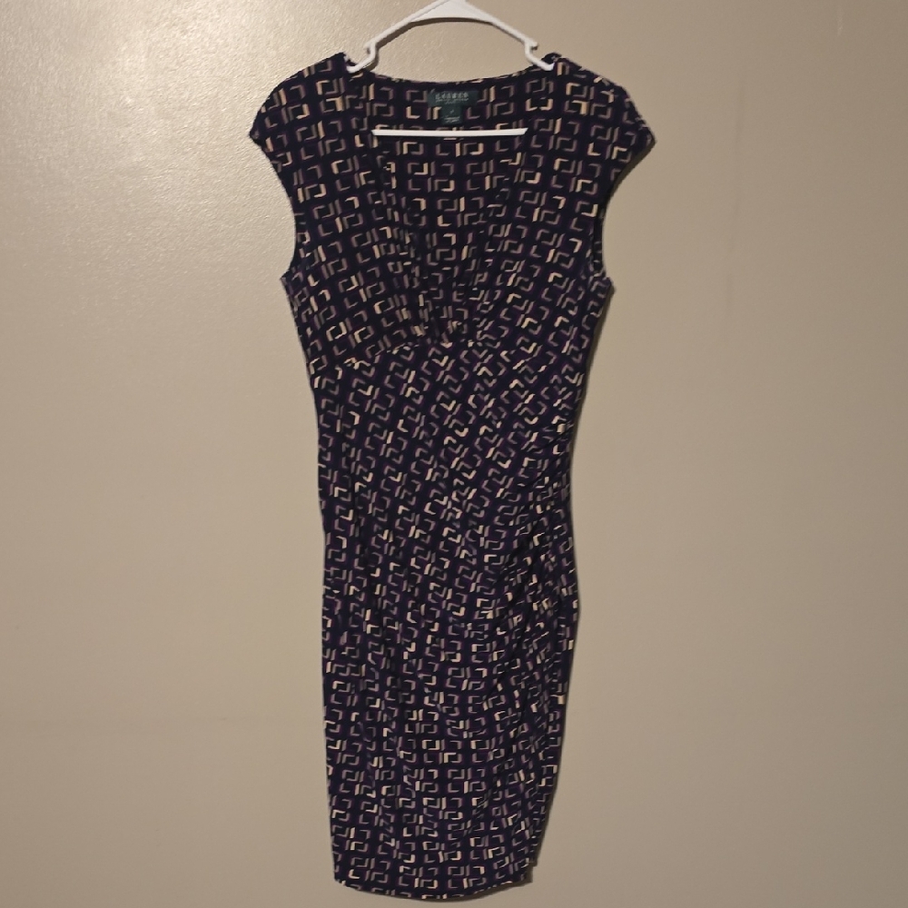 Ralph Lauren Women’s Geometric Faux Wrap Dress Size 8 Stretch Career Navy‎